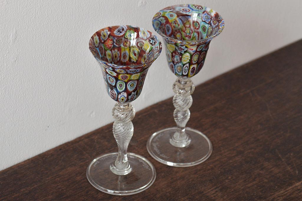 イタリア　ベネチアンガラス　ワイングラス　2客セット(ペアグラス、ヴェネチアングラス)(R-046005)
