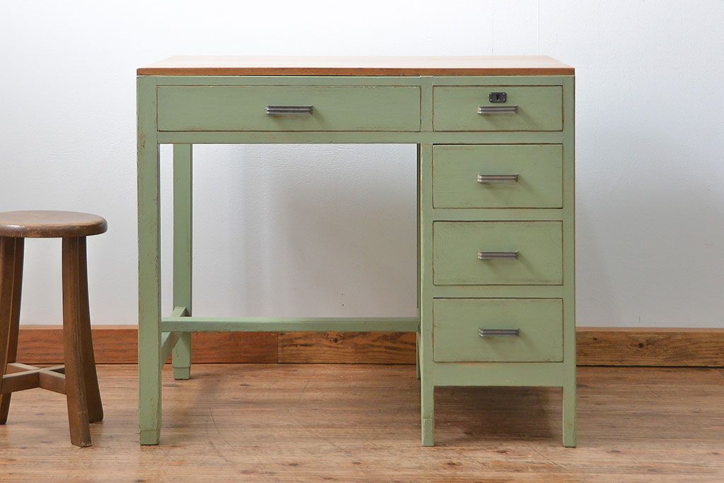 レトロ家具　小振りでかわいいペイントデスク(片袖机)(R-046036)