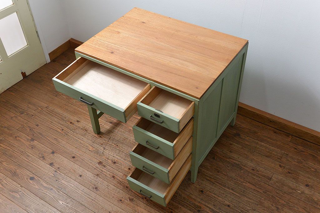 レトロ家具　小振りでかわいいペイントデスク(片袖机)(R-046036)