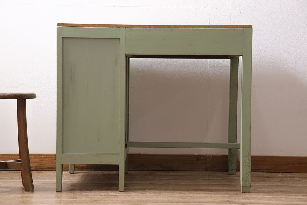 レトロ家具　小振りでかわいいペイントデスク(片袖机)(R-046036)