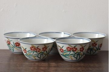 大明成化年製　花文色絵　茶碗5客セット(湯呑み、茶器、和食器)(R-046049)