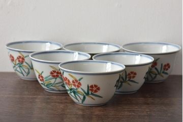 大明成化年製　花文色絵　茶碗6客セット(湯呑み、茶器、和食器)(R-046050)