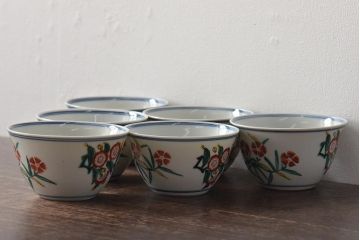 大明成化年製　花文色絵　茶碗6客セット(湯呑み、茶器、和食器)(R-046050)