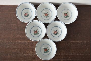 大明成化年製　花文色絵　茶碗6客セット(湯呑み、茶器、和食器)(R-046050)