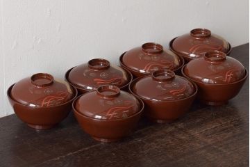 大正〜昭和初期　小槌蒔絵　木製椀7客(漆器、蓋付き椀、お椀)(R-046074)