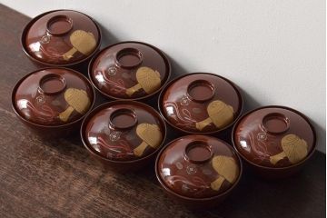 大正〜昭和初期　小槌蒔絵　木製椀7客(漆器、蓋付き椀、お椀)(R-046074)