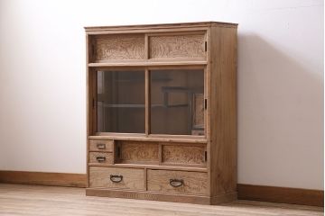 アンティーク家具　昭和初期　ストリップド(剥離)　個性的な杢目が目を引く茶箪笥(茶棚、飾り棚、収納棚)(R-046092)