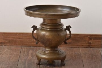大正〜昭和初期　波千鳥の図　銀象嵌　真鍮薄端　花瓶(華道)(R-046100)