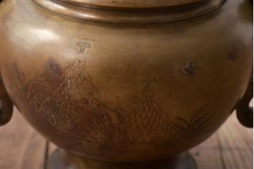 大正〜昭和初期　波千鳥の図　銀象嵌　真鍮薄端　花瓶(華道)(R-046100)