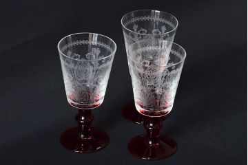KAGAMI　カガミクリスタル　ワイングラス3点(切子、エッチング)(R-046103)