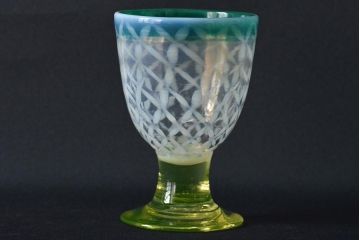 明治〜大正　青縁暈し七宝繋ぎ文ウラン足　氷コップ(R-046104)
