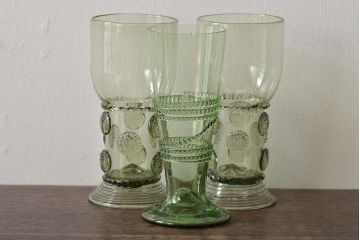 イタリア　ベネチアンガラス　グリーン(緑)　グラス3客セット(サイン、作家物、コップ、洋食器、ヴェネチアングラス)(R-046107)