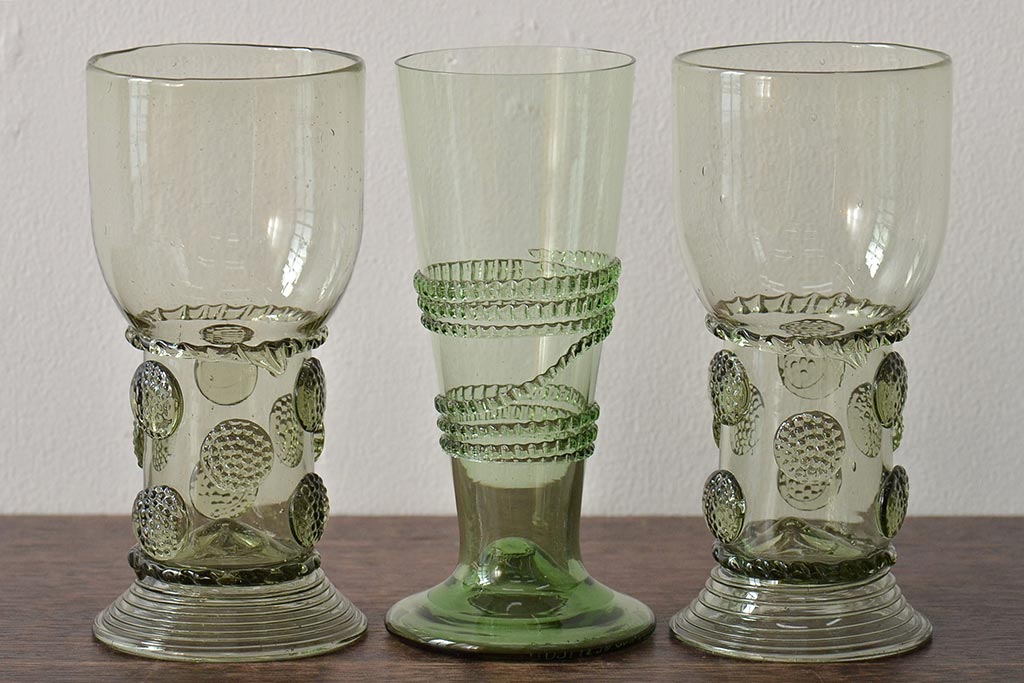 イタリア　ベネチアンガラス　グリーン(緑)　グラス3客セット(サイン、作家物、コップ、洋食器、ヴェネチアングラス)(R-046107)