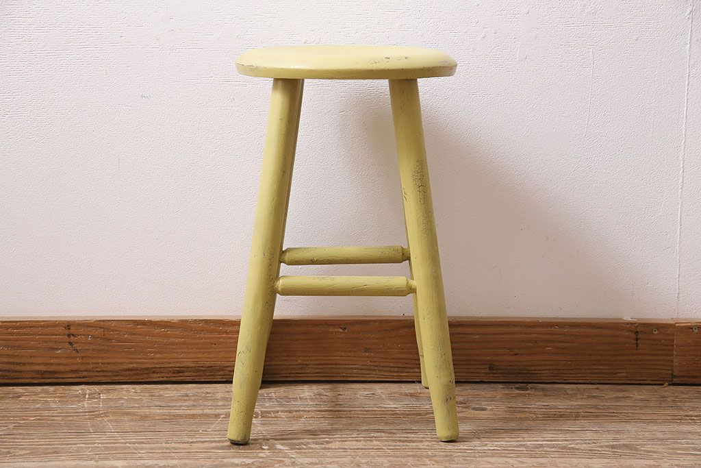 アンティーク家具　昭和初期　ポップなレモンカラーのペイントスツール(木製チェア、丸椅子)(R-046108)