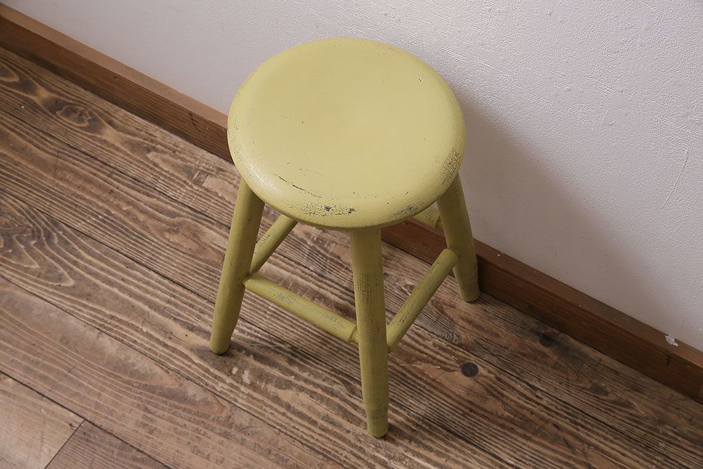 アンティーク家具　昭和初期　ポップなレモンカラーのペイントスツール(木製チェア、丸椅子)(R-046108)