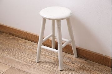 アンティーク家具　昭和初期　さわやかなホワイトペイントのスツール(木製チェア、丸椅子)(R-046109)