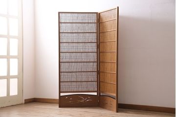 中古　民芸家具　透かし彫りの入った涼しげな花寄せ屏風(つい立て、茶道具、葭屏風)(R-046117)