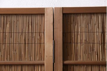 中古　民芸家具　透かし彫りの入った涼しげな花寄せ屏風(つい立て、茶道具、葭屏風)(R-046117)
