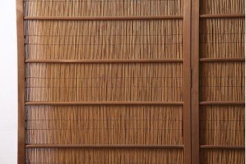 中古　民芸家具　透かし彫りの入った涼しげな花寄せ屏風(つい立て、茶道具、葭屏風)(R-046117)