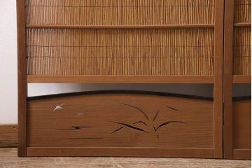 中古　民芸家具　透かし彫りの入った涼しげな花寄せ屏風(つい立て、茶道具、葭屏風)(R-046117)