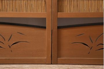 中古　民芸家具　透かし彫りの入った涼しげな花寄せ屏風(つい立て、茶道具、葭屏風)(R-046117)