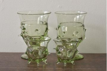 イタリア　ベネチアンガラス　グリーン(緑)　グラス4客セット(コップ、洋食器、ヴェネチアングラス)(R-046120)
