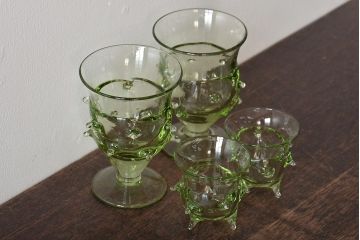 イタリア　ベネチアンガラス　グリーン(緑)　グラス4客セット(コップ、洋食器、ヴェネチアングラス)(R-046120)