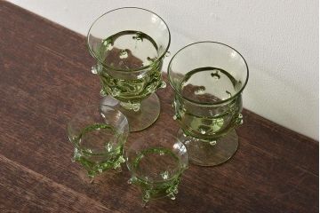 イタリア　ベネチアンガラス　グリーン(緑)　グラス4客セット(コップ、洋食器、ヴェネチアングラス)(R-046120)