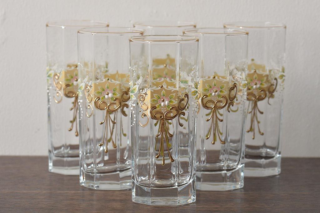 イタリア　ベネチアンガラス　金彩　花の図　グラス6客セット(コップ、タンブラー、ヴェネチアングラス)(R-046122)