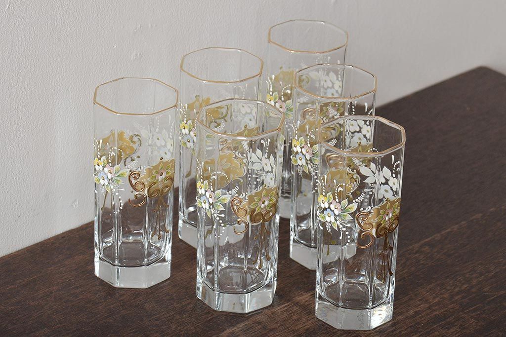 イタリア　ベネチアンガラス　金彩　花の図　グラス6客セット(コップ、タンブラー、ヴェネチアングラス)(R-046122)