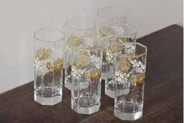 イタリア　ベネチアンガラス　金彩　花の図　グラス6客セット(コップ、タンブラー、ヴェネチアングラス)(R-046122)