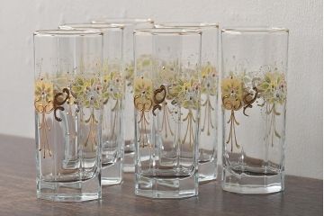 イタリア　ベネチアンガラス　金彩　花の図　グラス6客セット(コップ、タンブラー、ヴェネチアングラス)(R-046122)