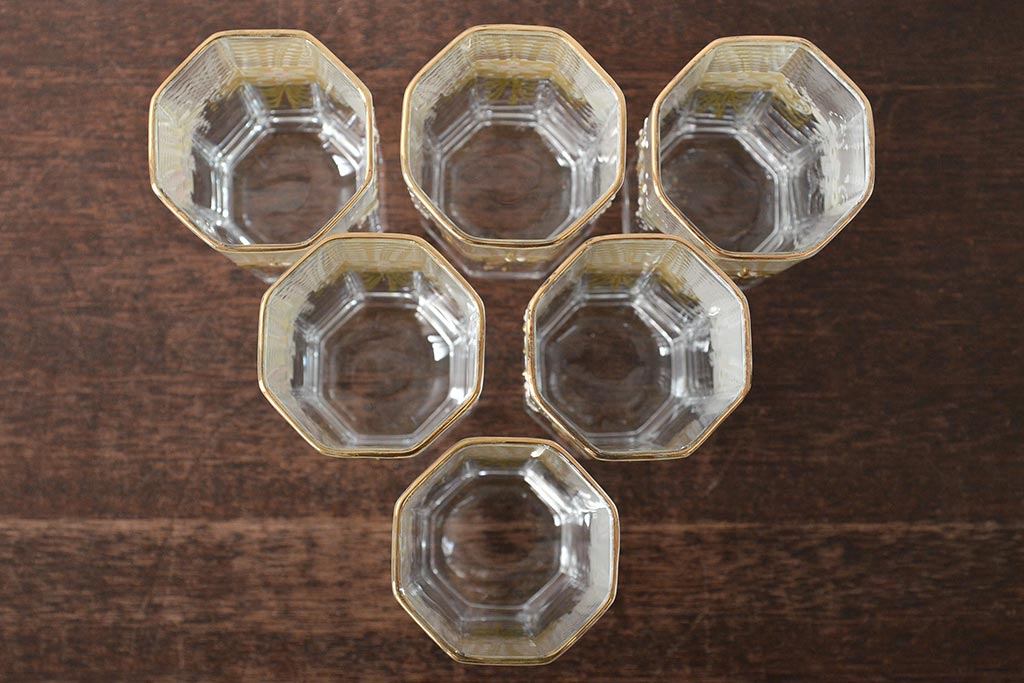 イタリア　ベネチアンガラス　金彩　花の図　グラス6客セット(コップ、タンブラー、ヴェネチアングラス)(R-046122)