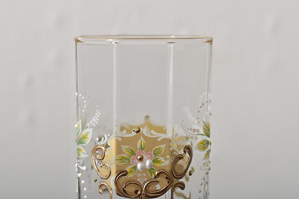 イタリア　ベネチアンガラス　金彩　花の図　グラス6客セット(コップ、タンブラー、ヴェネチアングラス)(R-046122)