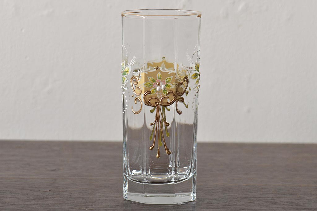 イタリア　ベネチアンガラス　金彩　花の図　グラス6客セット(コップ、タンブラー、ヴェネチアングラス)(R-046122)