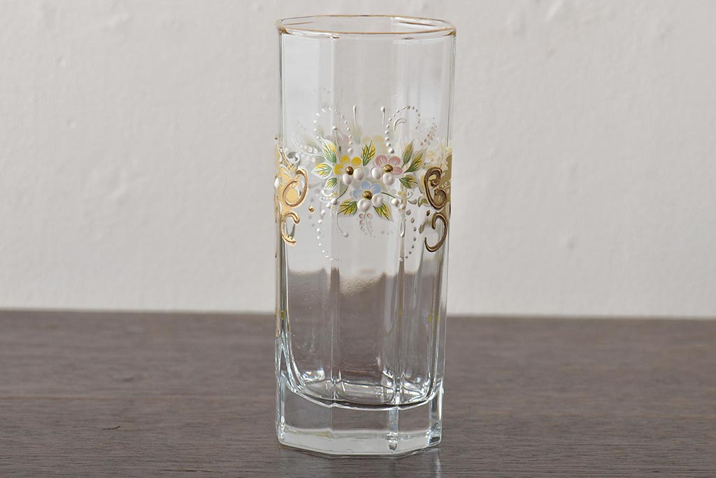 イタリア　ベネチアンガラス　金彩　花の図　グラス6客セット(コップ、タンブラー、ヴェネチアングラス)(R-046122)