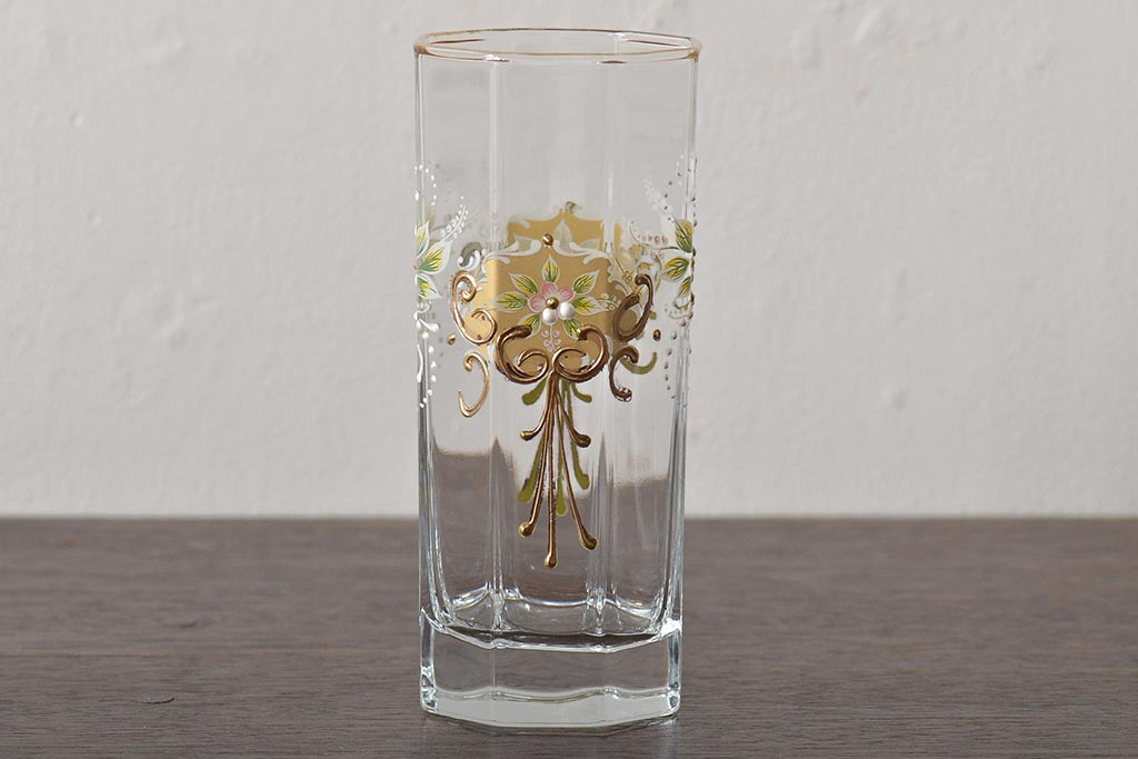 イタリア　ベネチアンガラス　金彩　花の図　グラス6客セット(コップ、タンブラー、ヴェネチアングラス)(R-046122)