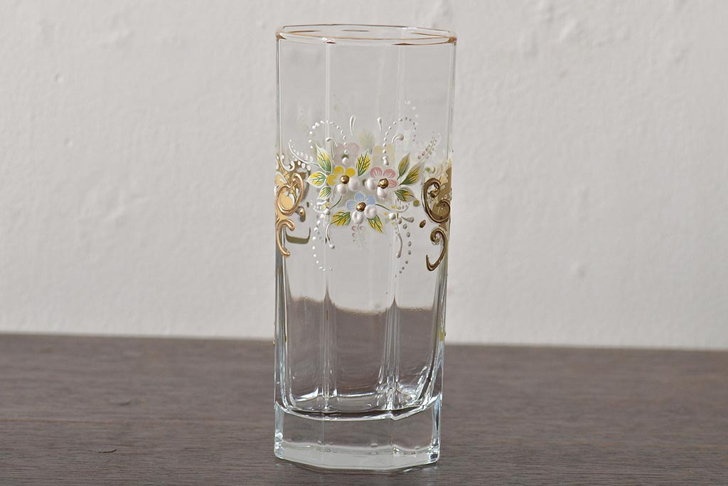 イタリア　ベネチアンガラス　金彩　花の図　グラス6客セット(コップ、タンブラー、ヴェネチアングラス)(R-046122)