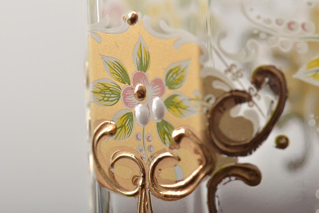 イタリア　ベネチアンガラス　金彩　花の図　グラス6客セット(コップ、タンブラー、ヴェネチアングラス)(R-046122)