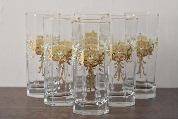 イタリア　ベネチアンガラス　金彩　花の図　グラス6客セット(コップ、タンブラー、ヴェネチアングラス)(R-046122)