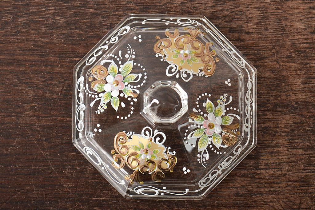 イタリア　ベネチアンガラス　金彩　花の図　小物入れ・お皿　2点セット(変形皿、菓子皿、洋食器、ヴェネチアングラス)(R-046123)