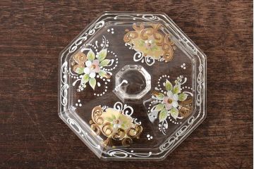 イタリア　ベネチアンガラス　金彩　花の図　小物入れ・お皿　2点セット(変形皿、菓子皿、洋食器、ヴェネチアングラス)(R-046123)