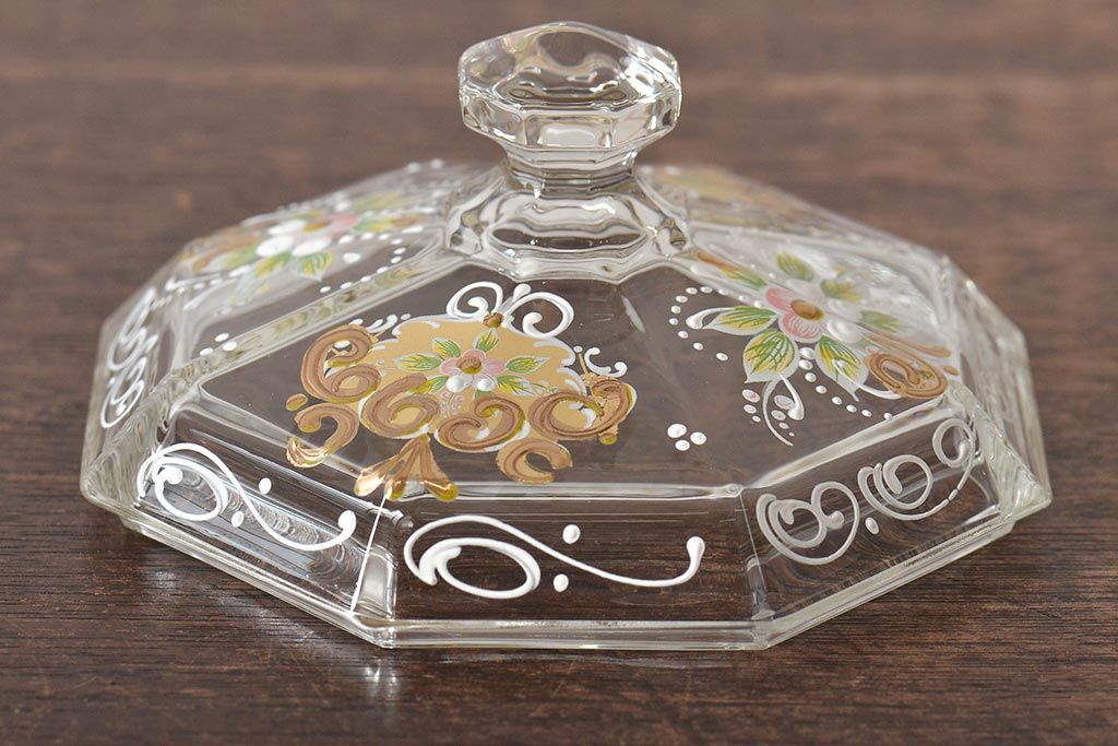 イタリア　ベネチアンガラス　金彩　花の図　小物入れ・お皿　2点セット(変形皿、菓子皿、洋食器、ヴェネチアングラス)(R-046123)