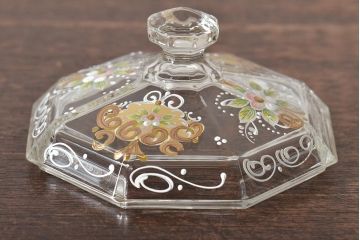 イタリア　ベネチアンガラス　金彩　花の図　小物入れ・お皿　2点セット(変形皿、菓子皿、洋食器、ヴェネチアングラス)(R-046123)