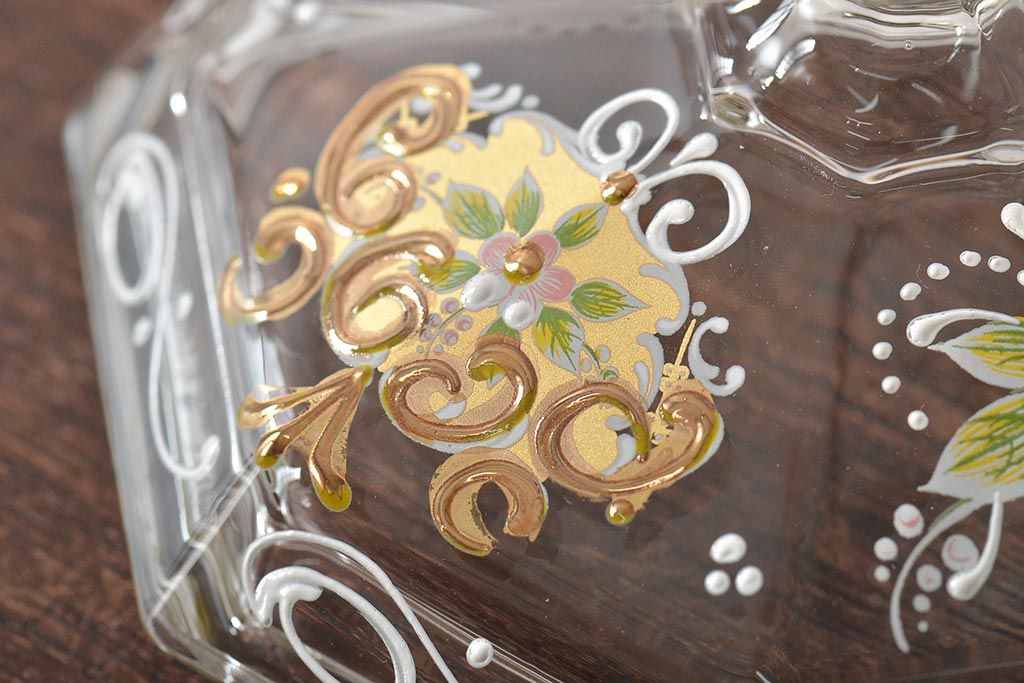 イタリア　ベネチアンガラス　金彩　花の図　小物入れ・お皿　2点セット(変形皿、菓子皿、洋食器、ヴェネチアングラス)(R-046123)