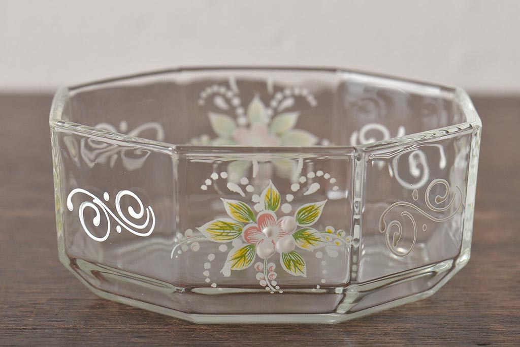 イタリア　ベネチアンガラス　金彩　花の図　小物入れ・お皿　2点セット(変形皿、菓子皿、洋食器、ヴェネチアングラス)(R-046123)