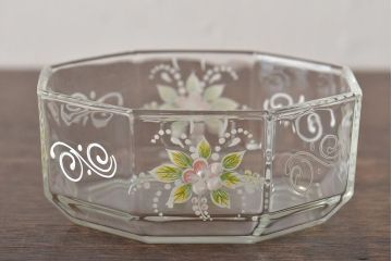 イタリア　ベネチアンガラス　金彩　花の図　小物入れ・お皿　2点セット(変形皿、菓子皿、洋食器、ヴェネチアングラス)(R-046123)