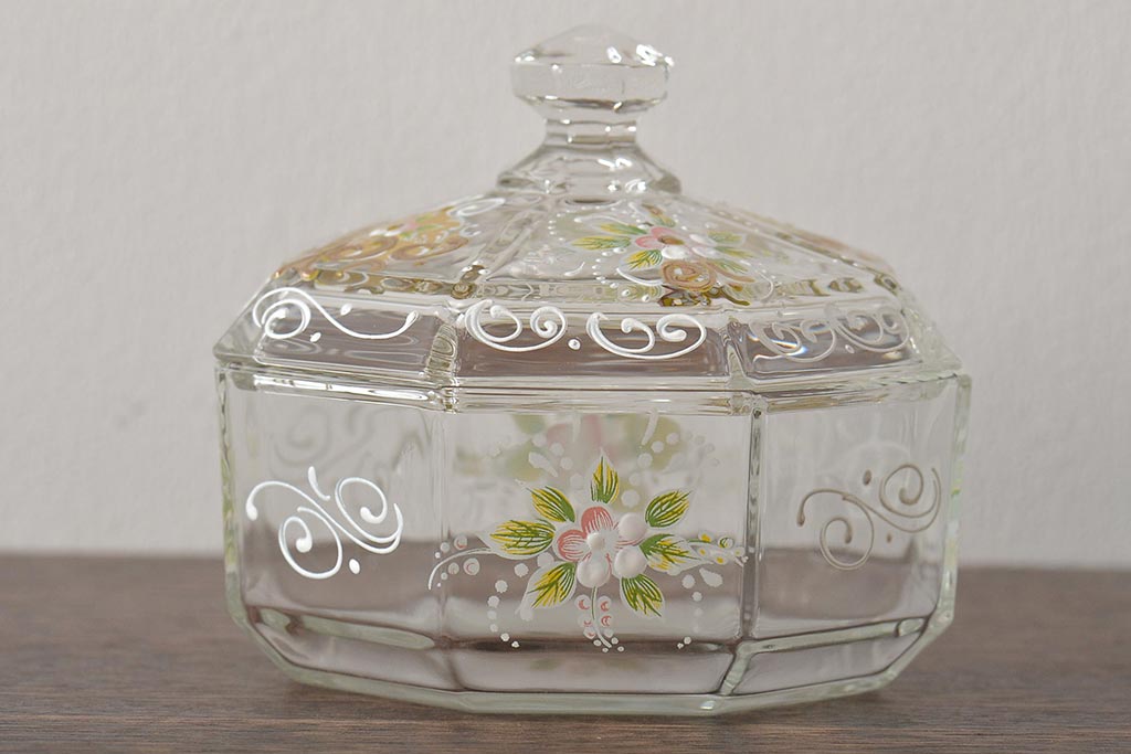 イタリア　ベネチアンガラス　金彩　花の図　小物入れ・お皿　2点セット(変形皿、菓子皿、洋食器、ヴェネチアングラス)(R-046123)