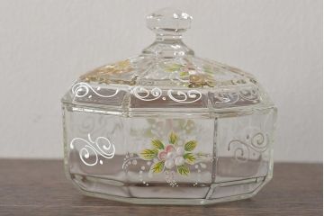 イタリア　ベネチアンガラス　金彩　花の図　小物入れ・お皿　2点セット(変形皿、菓子皿、洋食器、ヴェネチアングラス)(R-046123)