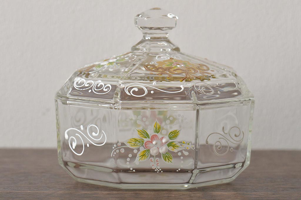 イタリア　ベネチアンガラス　金彩　花の図　小物入れ・お皿　2点セット(変形皿、菓子皿、洋食器、ヴェネチアングラス)(R-046123)